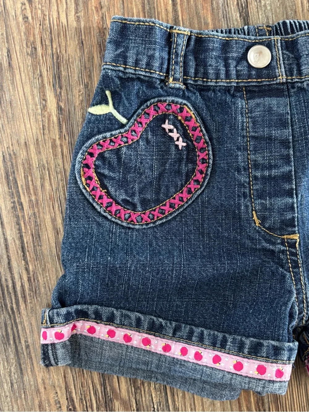 Y2K Gymboree Denim Jean Shorts Jorts 18-24 Months Apple Embroidery Cuffed 2006